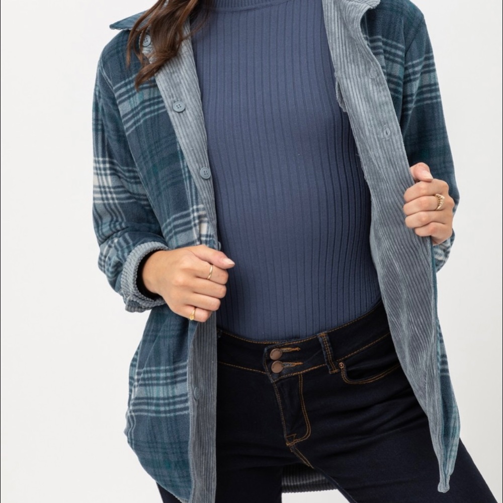Corduroy Reversible Shacket Women's Plaid Jacket Blue Stone